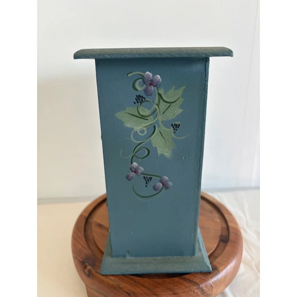 Vintage Hand Painted Wooden Cottagecore Jewelry Box Cabinet Floral Folk Art blue